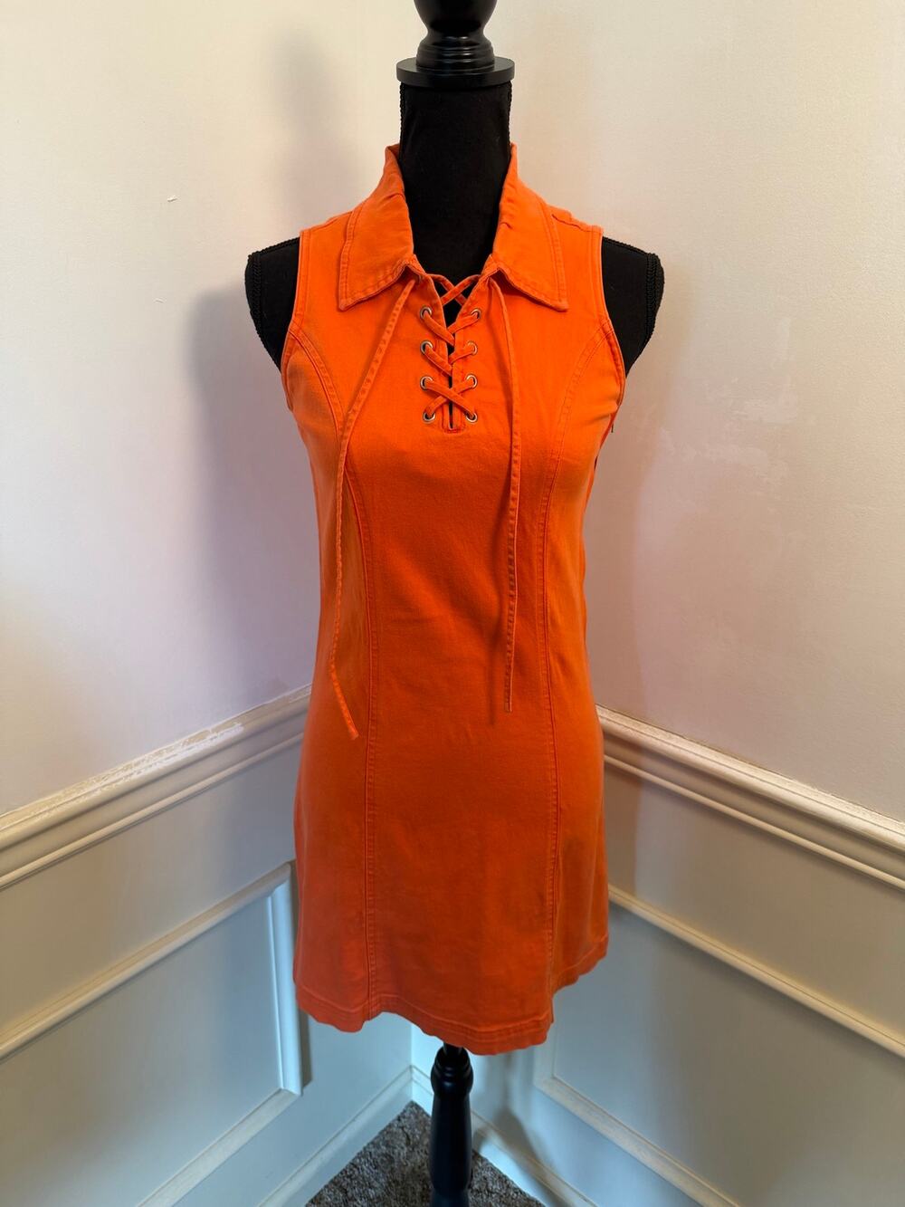 Vintage Y2K Orange Speed Mini Dress Sleeveless Lace-Up Collar Shift Dress Retro